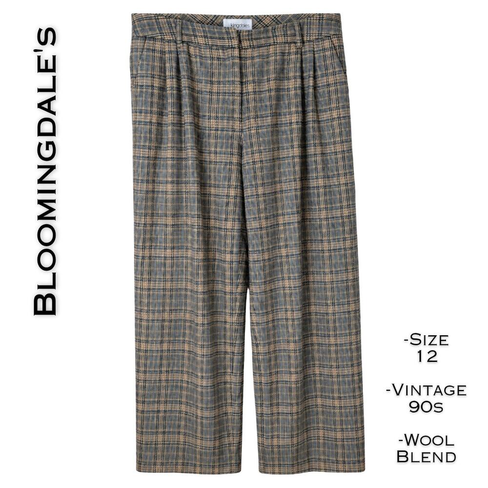 Bloomingdale's 90s Dress Pants 12 Tan Plaid Wool Blend Pleated Wide Leg Trousers